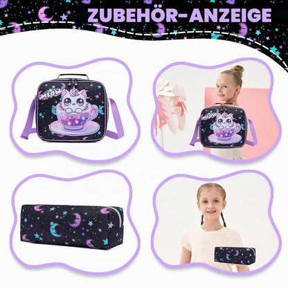 Trolley Schulranzen Mädchen Schwarz Lila Katzen – Set mit Lunchtasche