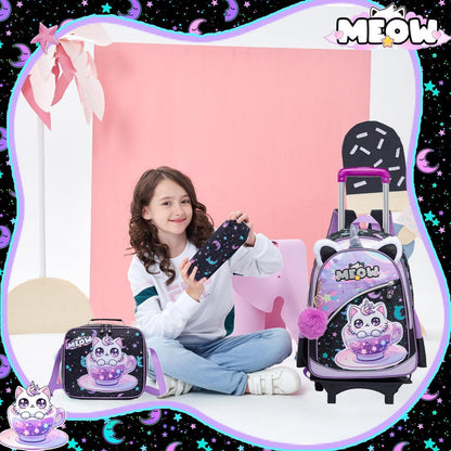 Trolley Schulranzen Mädchen Schwarz Lila Katzen – Set mit Lunchtasche
