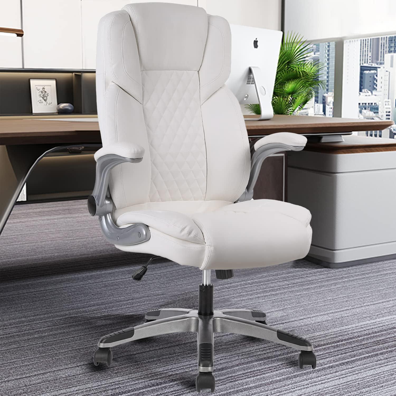 Ergonomischer Bürostuhl Weißer Chefsessel 180kg belastbar PU Leder