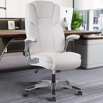 Ergonomischer Bürostuhl Weißer Chefsessel 180kg belastbar PU Leder