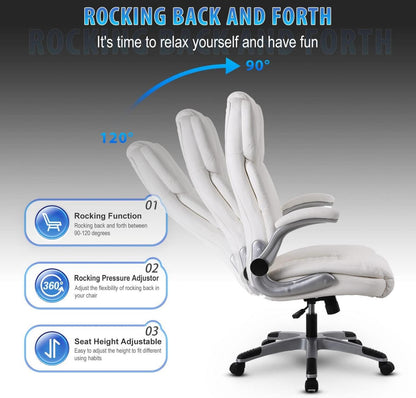 Ergonomischer Bürostuhl Weißer Chefsessel 180kg belastbar PU Leder