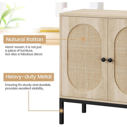 Rattan Sideboard mit 2 Türen & Verstellbarem Regal – Küchenschrank 80x40x83cm