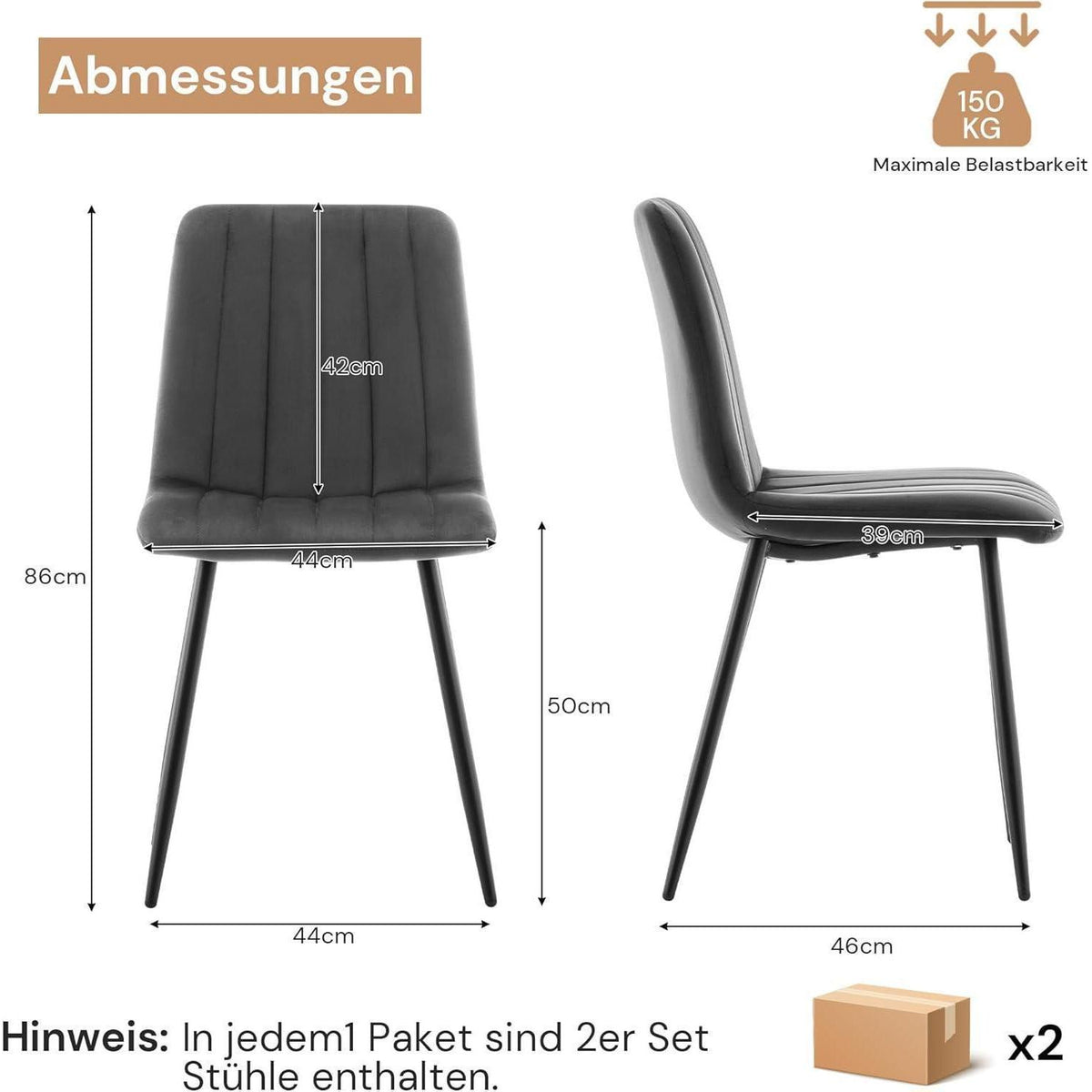 Samt Esszimmerstühle 4er Set Grau – Gepolsterte Küchenstühle