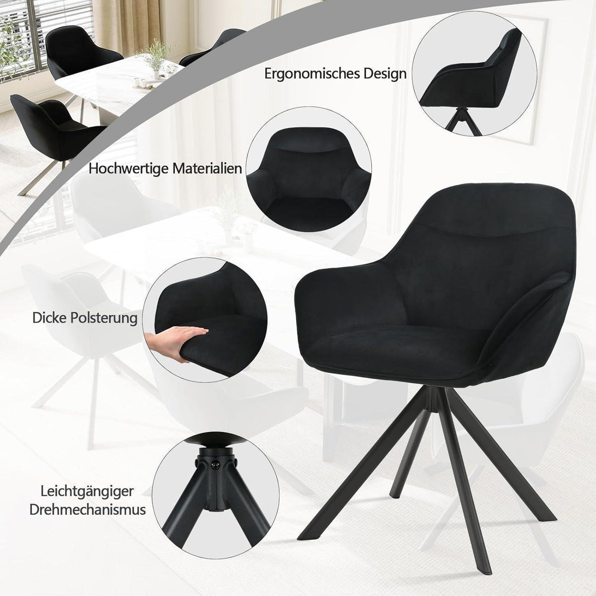 Drehstuhl Esszimmer 4er Set Schwarz mit Armlehne