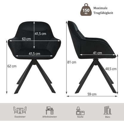 Drehbarer Esszimmerstuhl Schwarz mit Armlehne – 2er Set Samt