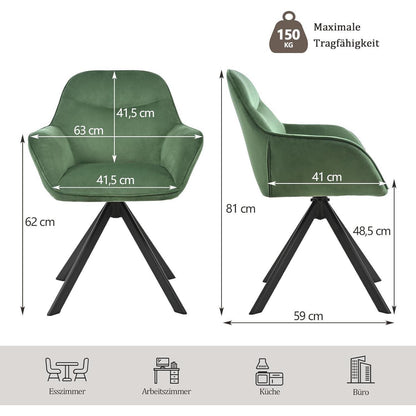 Drehbarer Esszimmerstuhl Samt Grün mit Armlehne 2er Set