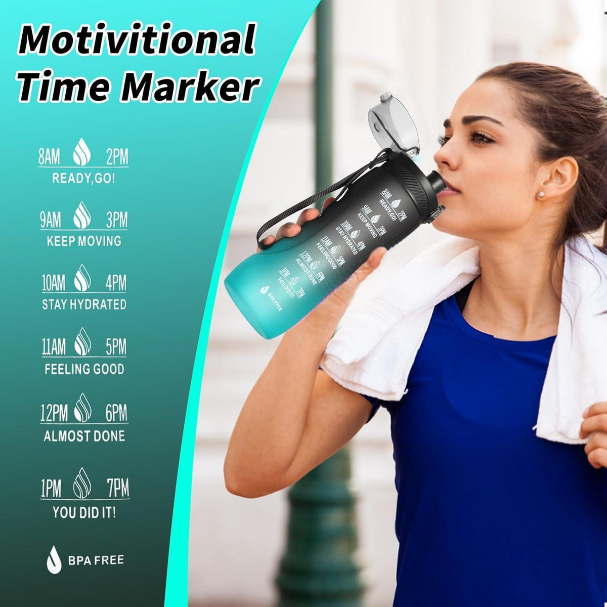 Motivations-Trinkflasche mit Zeitmarkierung, 750 ml, Schwarz Grün