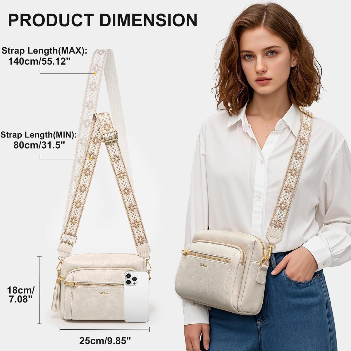 Umhängetasche Damen Mittelgroß mit Anti-Diebstahl, Beige