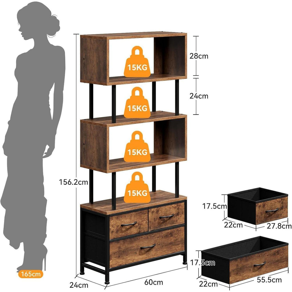 5-Etagen Bücherregal mit Stoffschubladen – Vintage Design