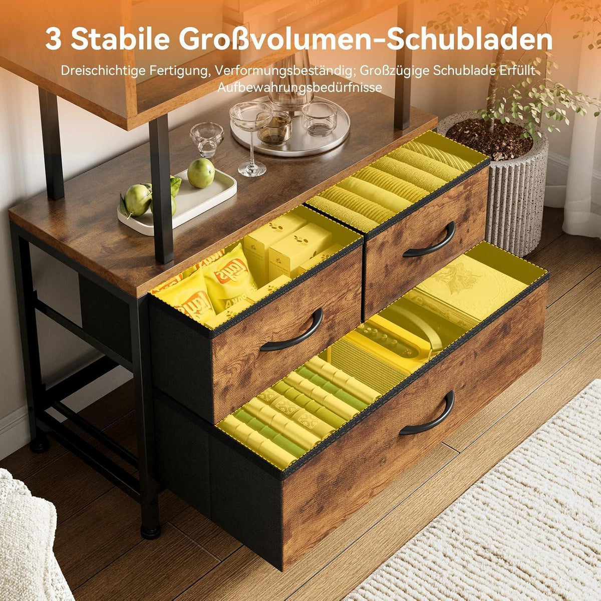 5-Etagen Bücherregal mit Stoffschubladen – Vintage Design