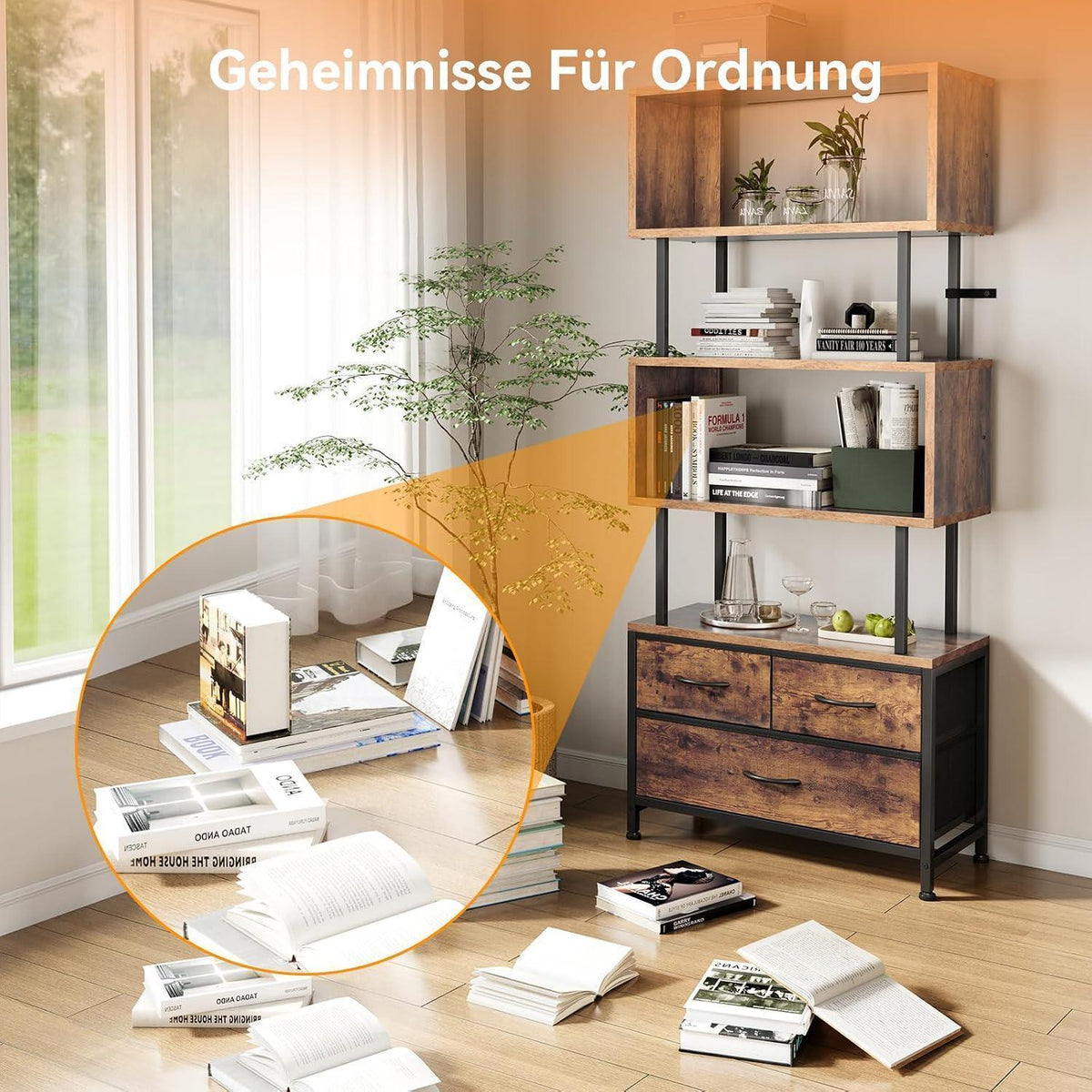 5-Etagen Bücherregal mit Stoffschubladen – Vintage Design