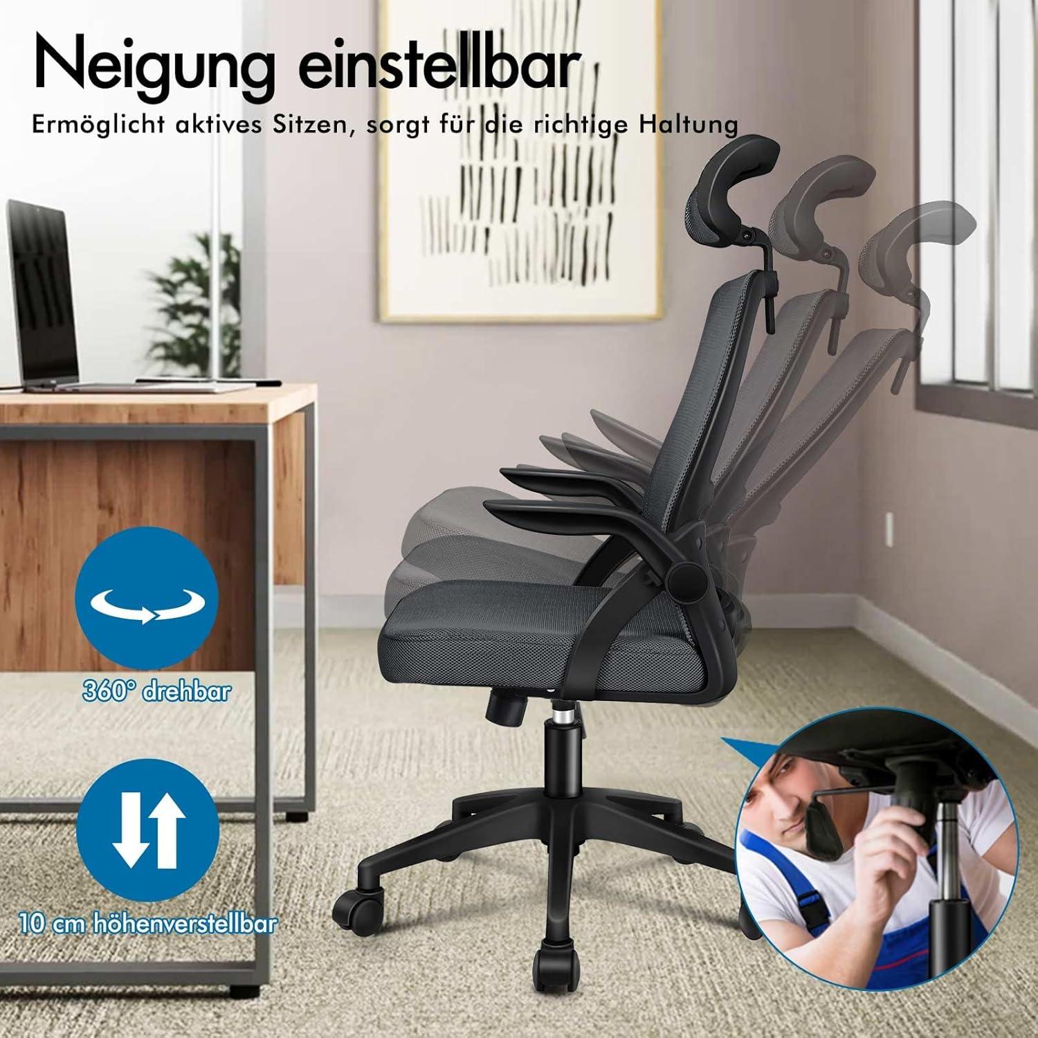 Ergonomischer Bürostuhl 180 kg belastbar, Grau, einstellbar