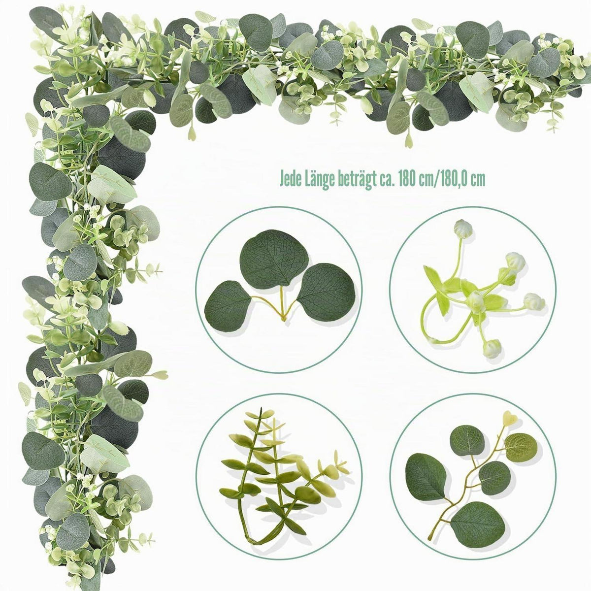 2x Eukalyptus Girlande 180cm – Grüne Blätter & Blüten Deko
