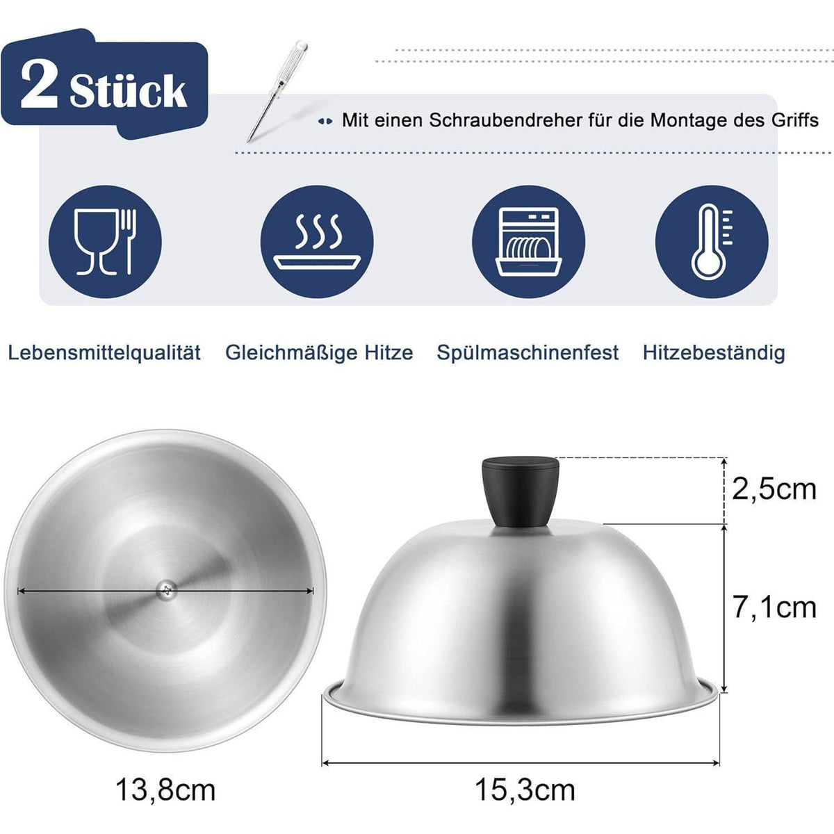 Burgerglocken Edelstahl 2er Set mit Griff, 15,2 cm