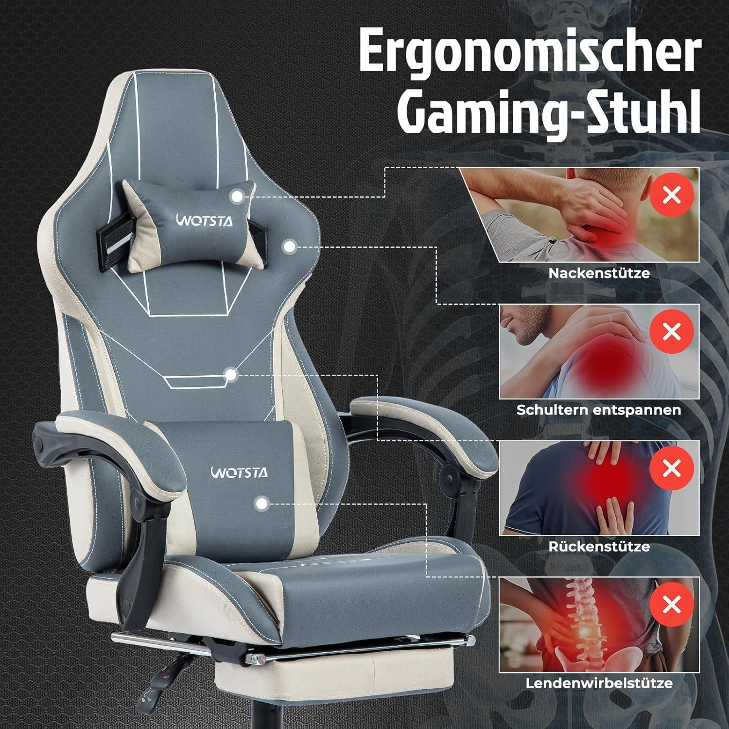 WOTSTA Gaming Stuhl Bürostuhl mit Fußstütze Blau Beige