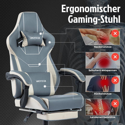 WOTSTA Gaming Stuhl Bürostuhl mit Fußstütze Blau Beige