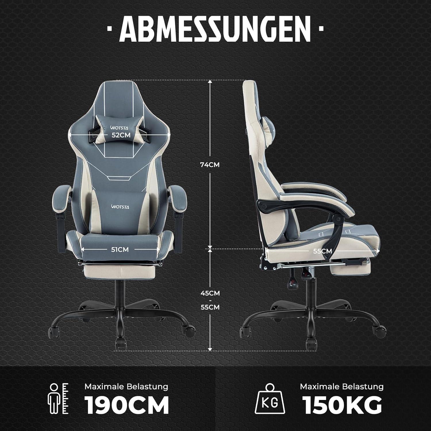 WOTSTA Gaming Stuhl Bürostuhl mit Fußstütze Blau Beige