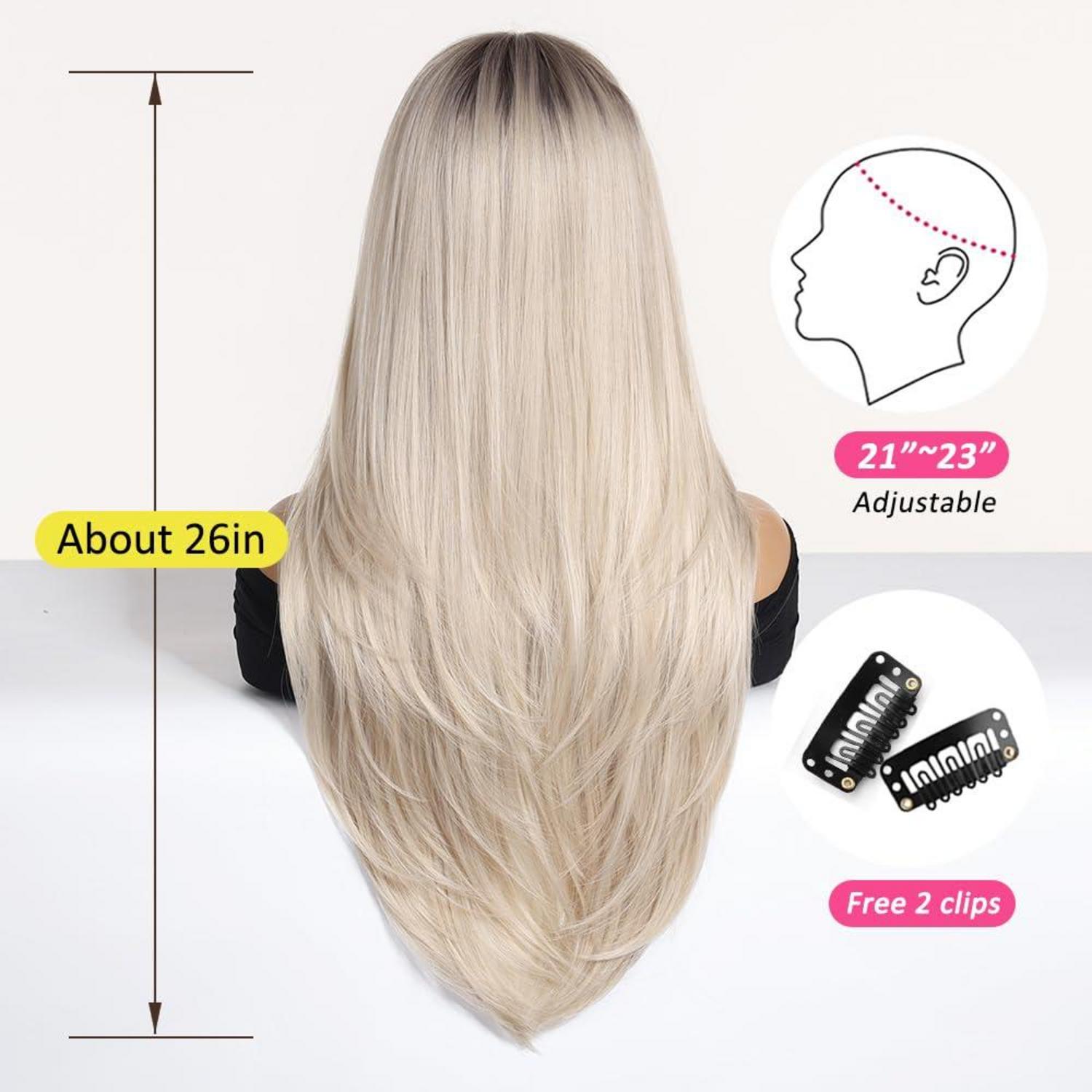 Ombre Blonde Perücke mit Pony für Frauen - Lange Gerade Kunsthaar Ombre Blonde Perücke