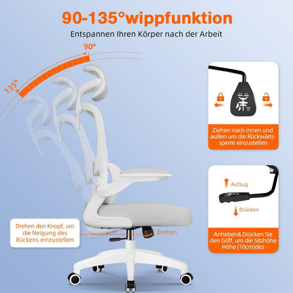 Ergonomischer Bürostuhl mit Klappbaren Armlehnen und Wippfunktion, 150 kg, Grau