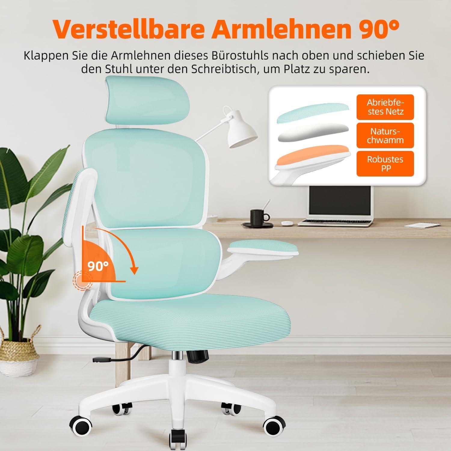 Ergonomischer Bürostuhl mit Klappbaren Armlehnen, 150 kg, Blaugrün