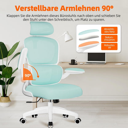 Ergonomischer Bürostuhl mit Klappbaren Armlehnen, 150 kg, Blaugrün