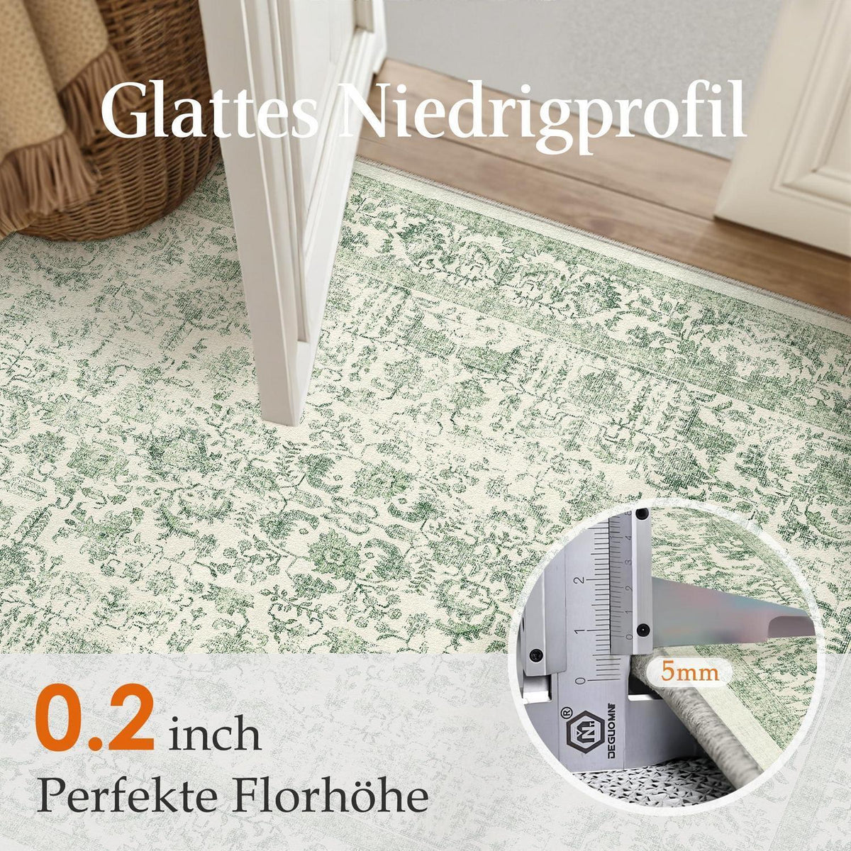 Vintage Teppich Grün 150x210cm Waschbar – Wohnzimmer Teppich