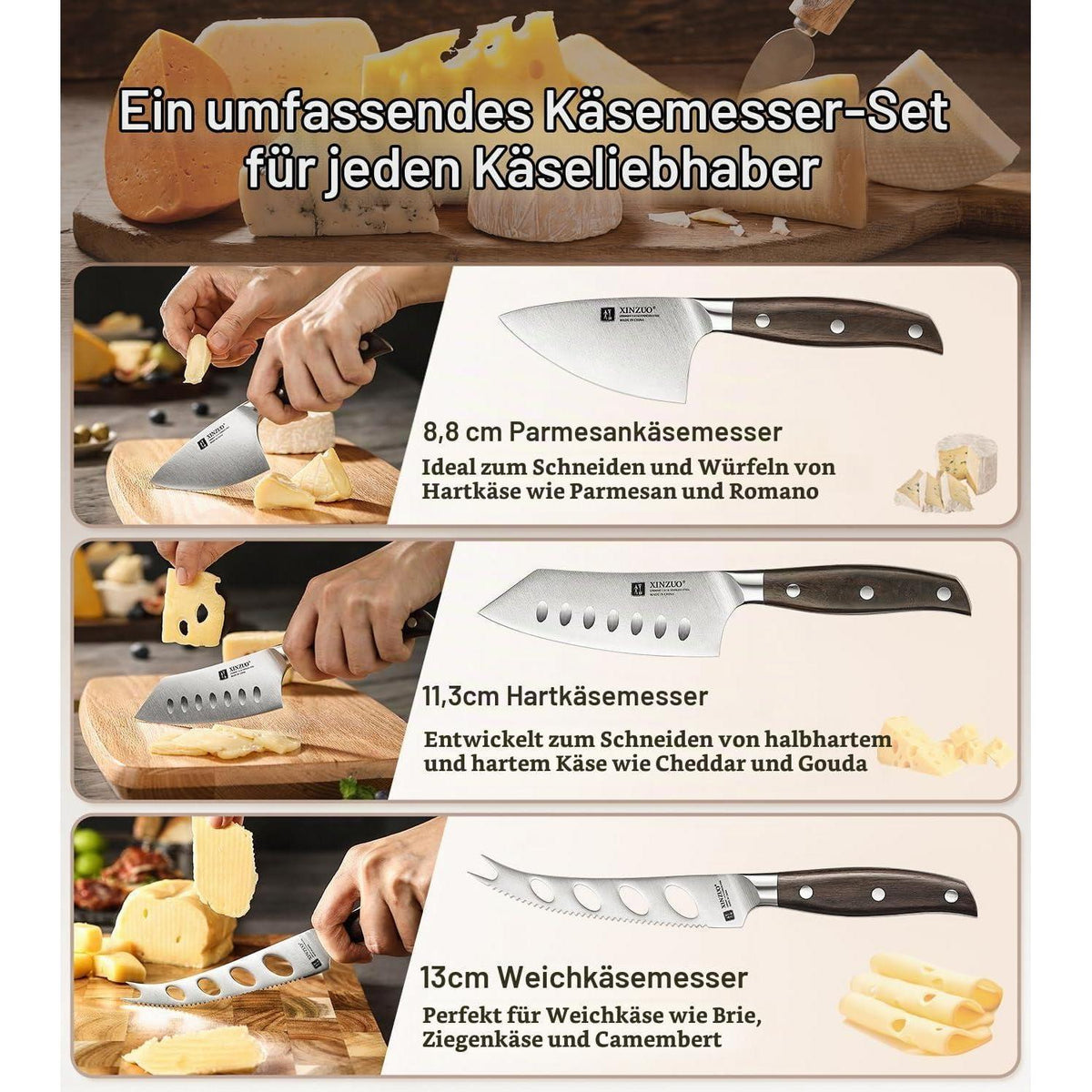 4-teiliges Käsemesser Set mit Roteiche Brett & Edelstahl