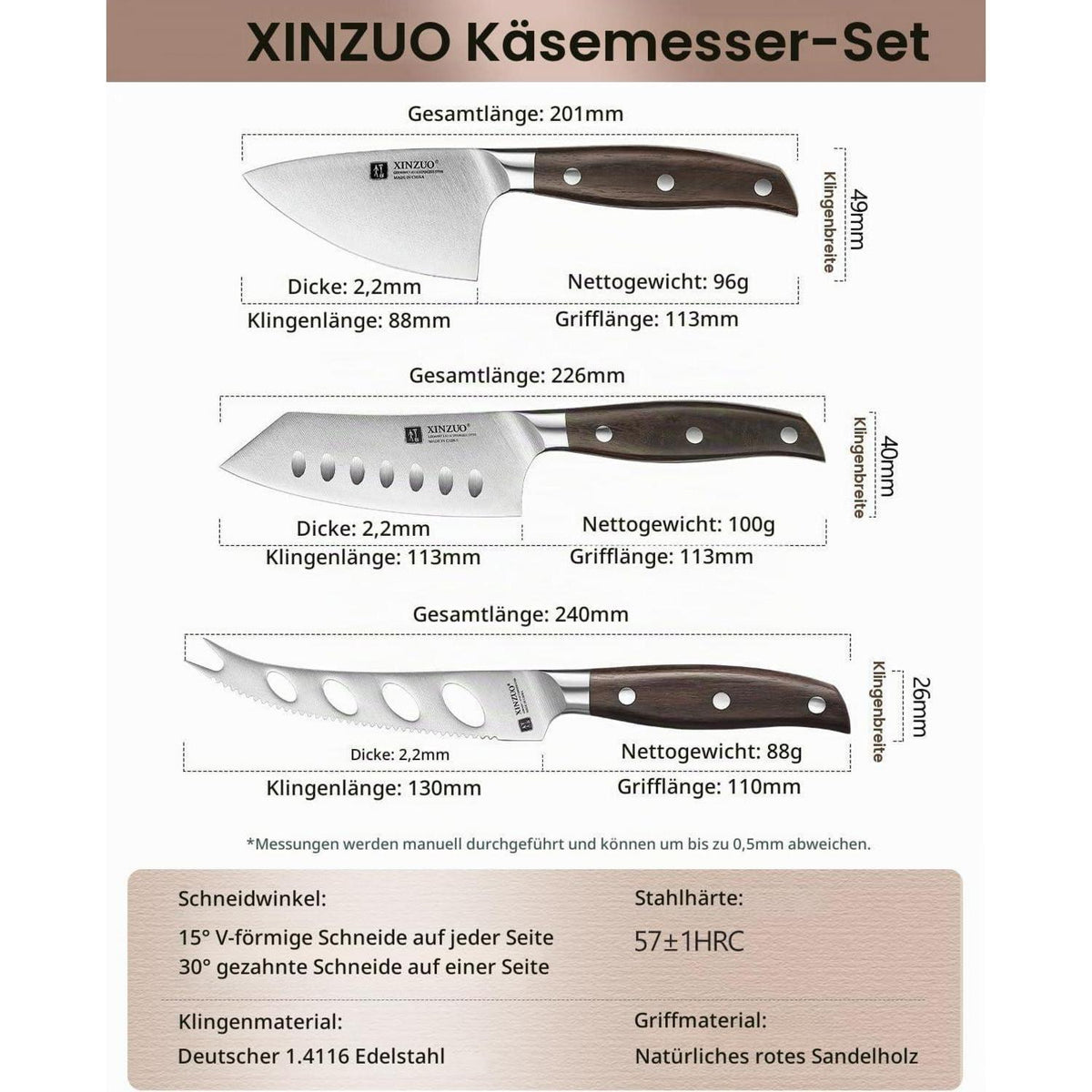 4-teiliges Käsemesser Set mit Roteiche Brett & Edelstahl