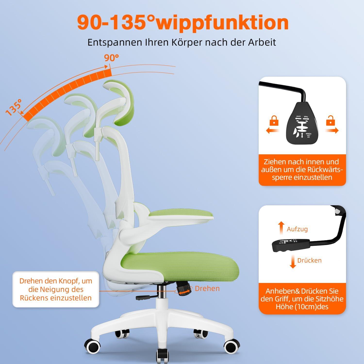 Ergonomischer Bürostuhl mit Lendenwirbelstütze, Klappbaren Armlehnen, Wippfunktion bis 135°, 150 kg Tragkraft, Grün