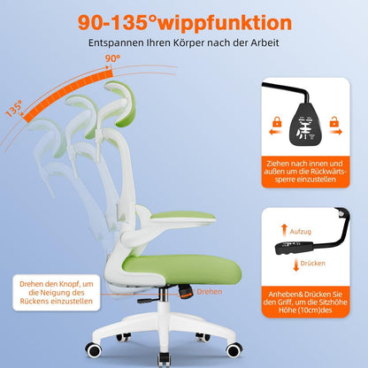 Ergonomischer Bürostuhl mit Lendenwirbelstütze, Klappbaren Armlehnen, Wippfunktion bis 135°, 150 kg Tragkraft, Grün