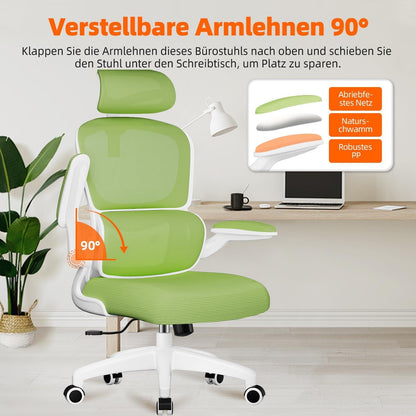 Ergonomischer Bürostuhl mit Lendenwirbelstütze Armlehnen Wippfunktion 135° Grün