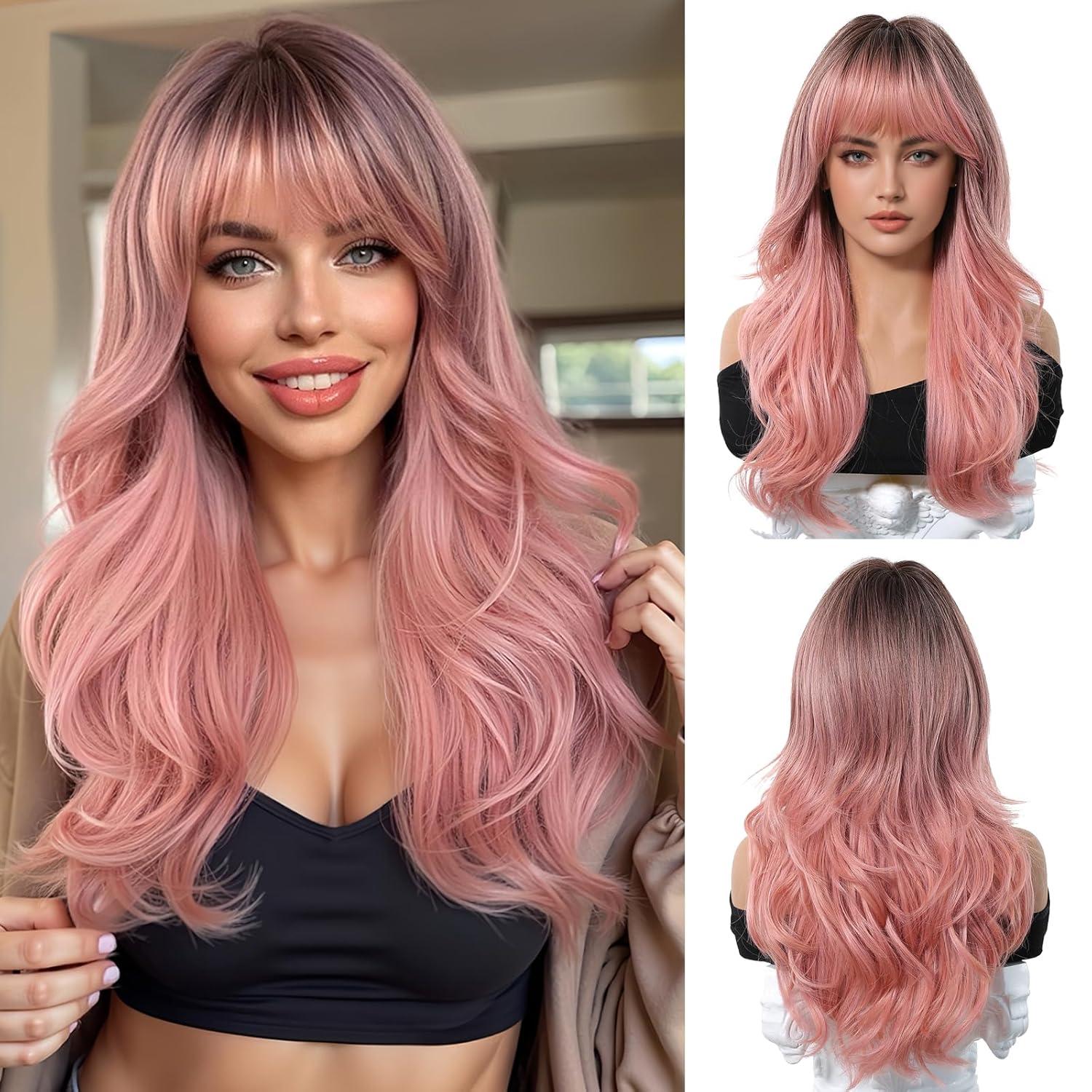 Ombre Rosa Lange Natürliche Gewellte Synthetische Perücke mit Pony