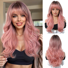 Ombre Rosa Lange Natürliche Gewellte Synthetische Perücke mit Pony