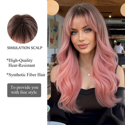 Ombre Rosa Lange Natürliche Gewellte Synthetische Perücke mit Pony