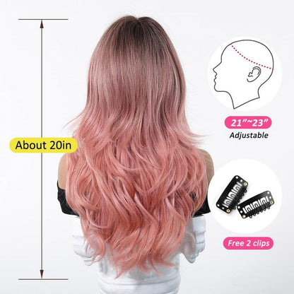 Ombre Rosa Lange Perücke mit Pony Natürliches Synthetisches Haar Hitzebeständig