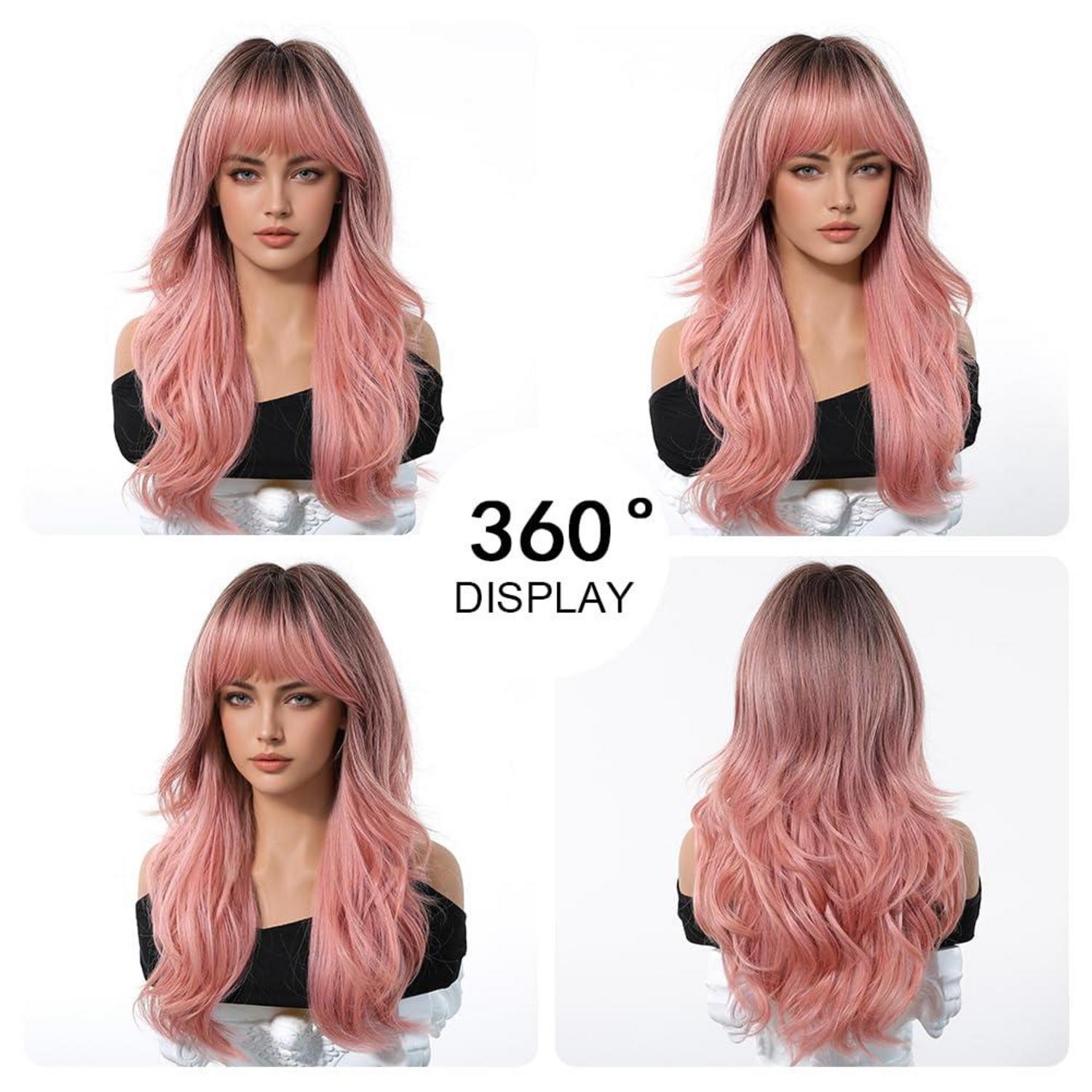 Ombre Rosa Lange Perücke mit Pony Natürliche Gewellte Haare