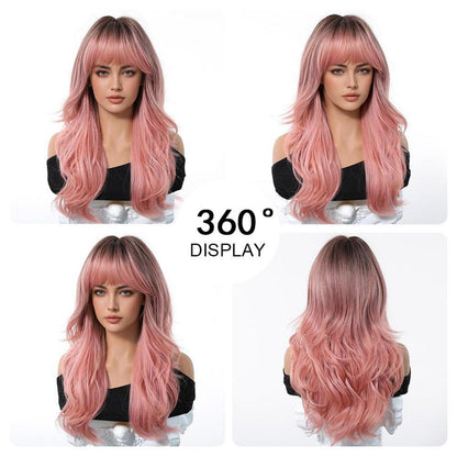 Ombre Rosa Lange Perücke mit Pony Natürliche Gewellte Haare