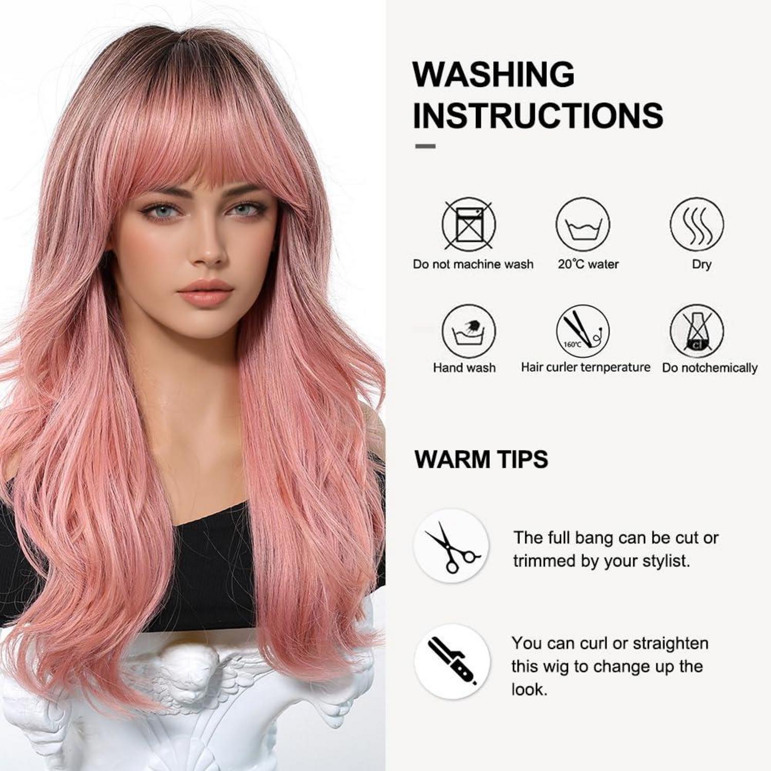 Ombre Rosa Lange Perücke mit Pony Natürliche Gewellte Haare
