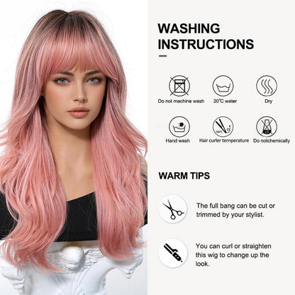 Ombre Rosa Lange Perücke mit Pony Natürliche Gewellte Haare