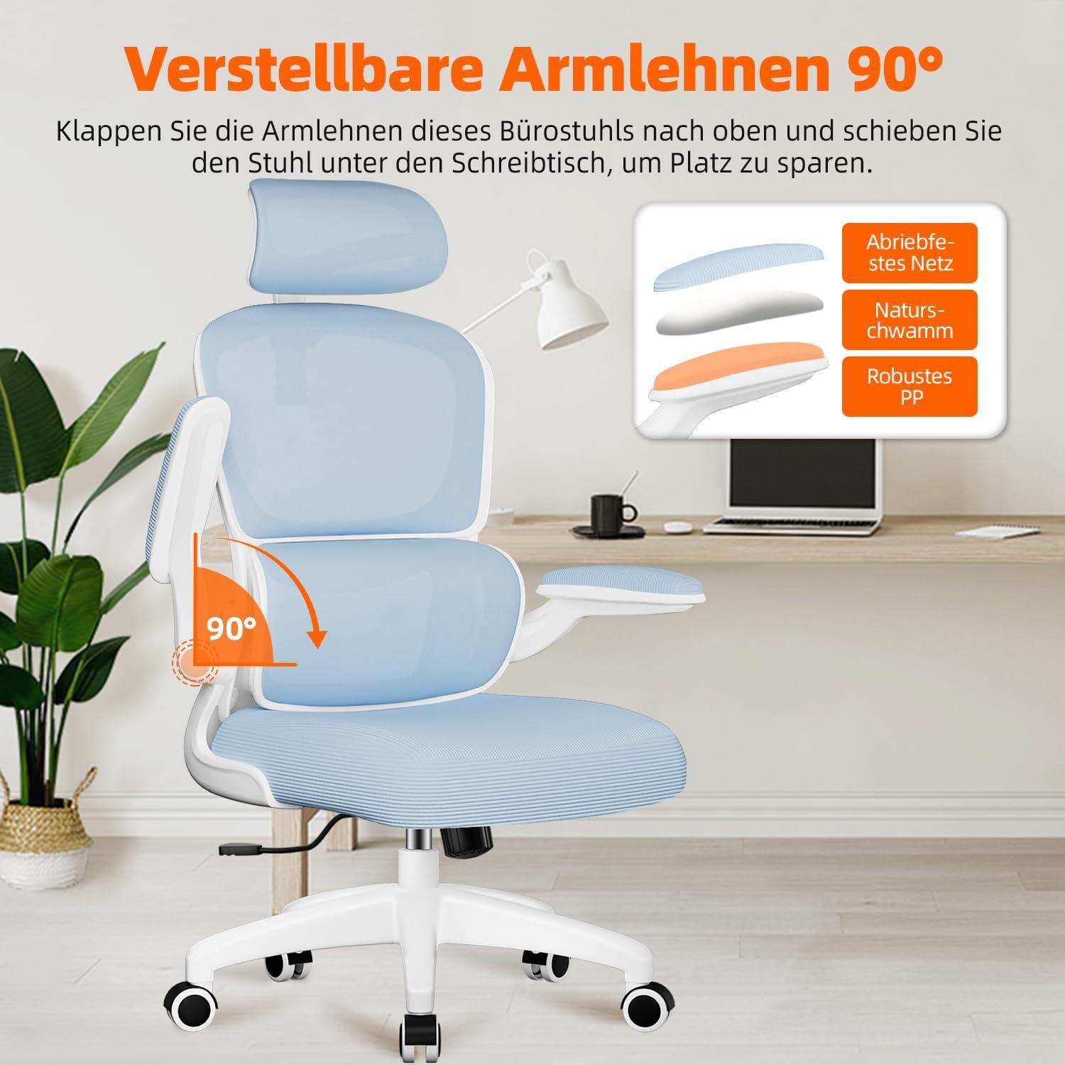Ergonomischer Bürostuhl mit Klappbaren Armlehnen und Wippfunktion, Blau