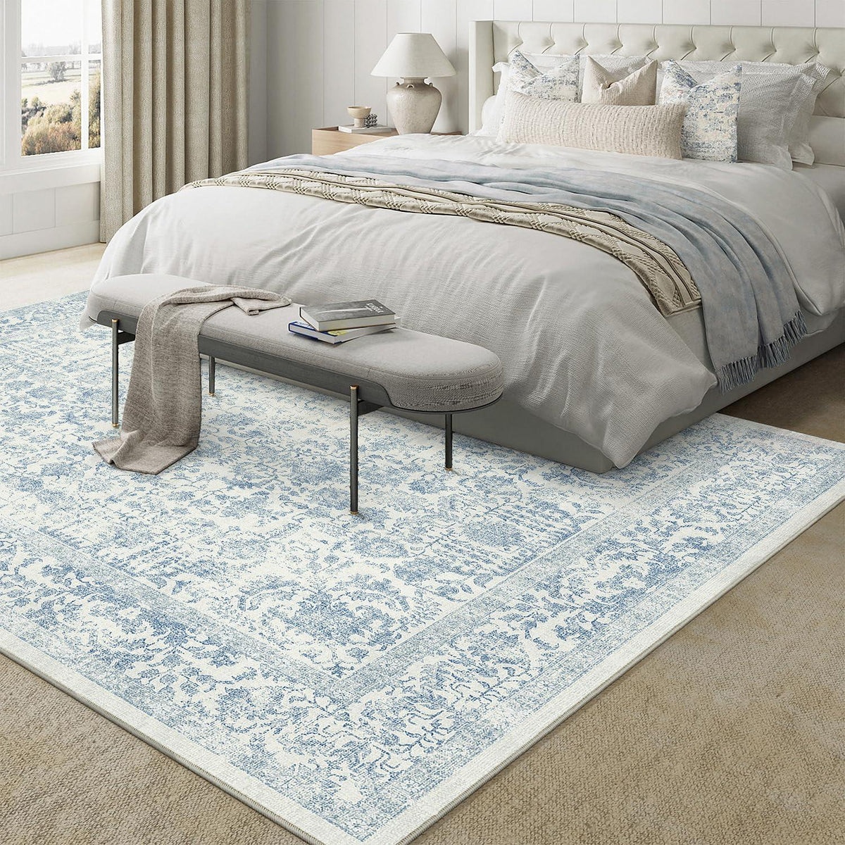 Vintage Teppich Blau 180x270cm Waschbar – Wohnzimmer Teppich