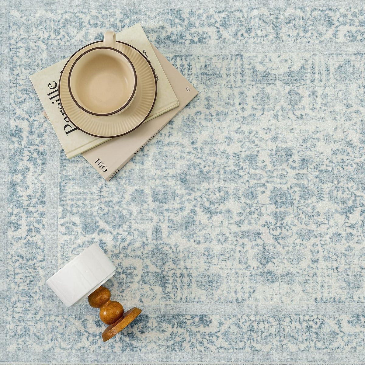 Vintage Teppich Blau 180x270cm Waschbar – Wohnzimmer Teppich