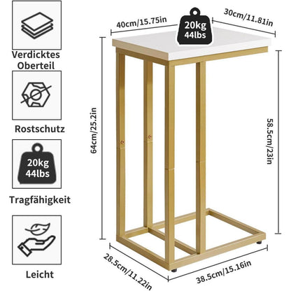 C-förmiger Beistelltisch mit weißer Tischplatte und goldenen Metallbeinen