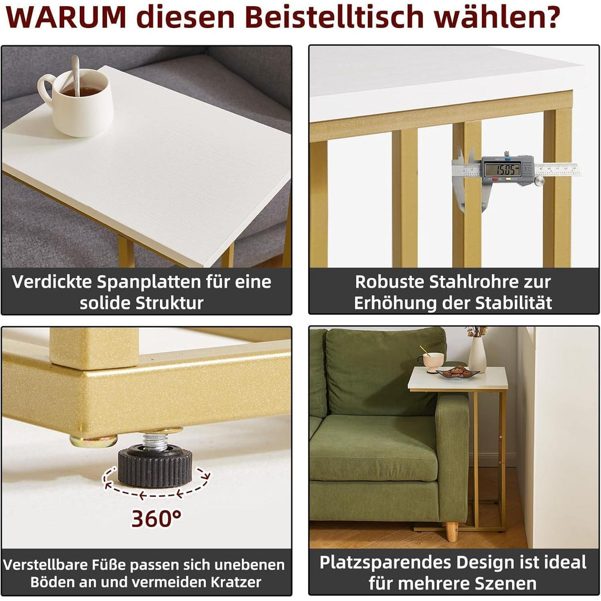 C-förmiger Beistelltisch mit weißer Tischplatte und goldenen Metallbeinen