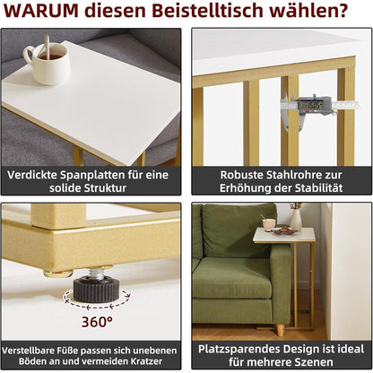 C-förmiger Beistelltisch mit weißer Tischplatte und goldenen Metallbeinen