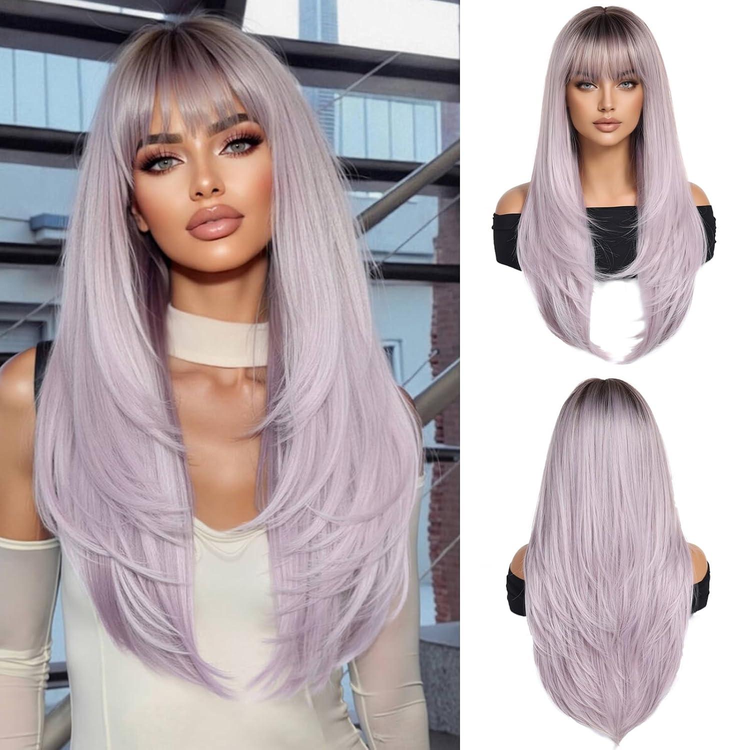 Ombre Helles Lila Perücke mit Pony für Frauen Lange Gerade
