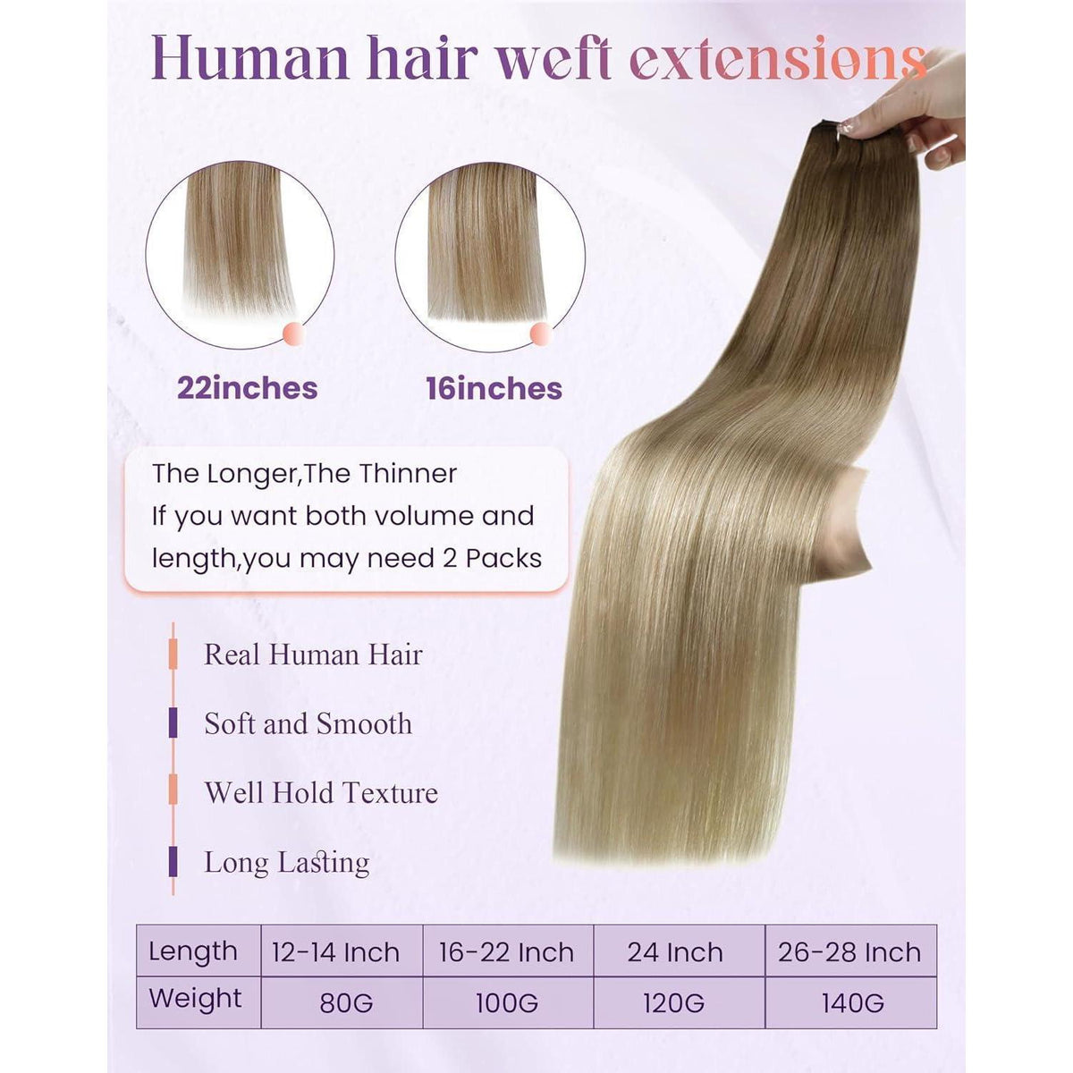 Echthaar Tressen Ombre Blond – Sew-in Weft 45cm