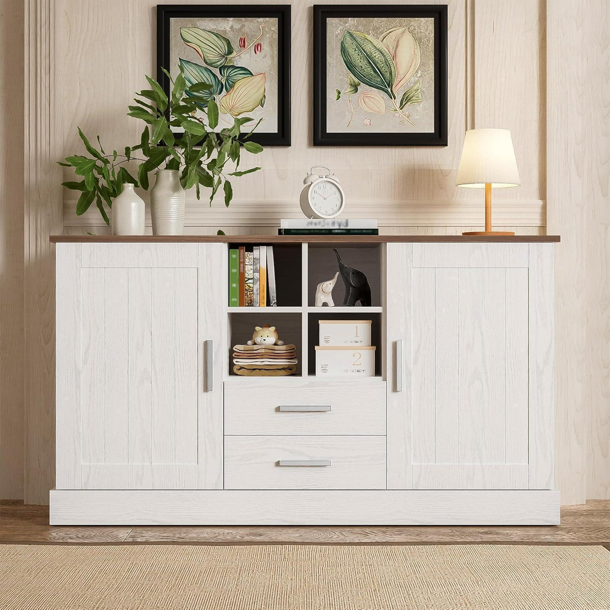 Weißes Sideboard mit 4 Regalen & 2 Schubladen – 140x40x79,5 cm