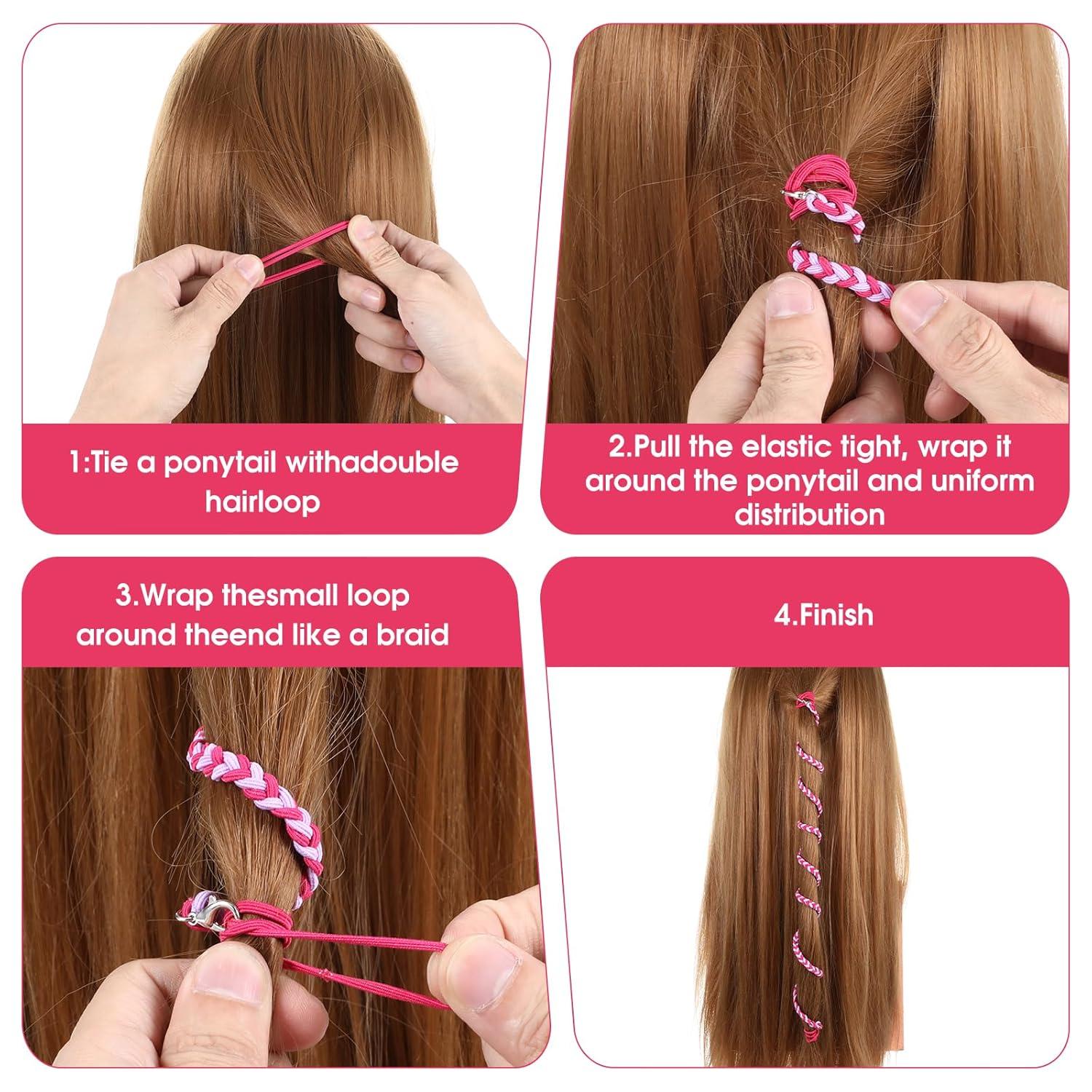 4er Set Elastische Haargummis für Mädchen Damen, 65cm Pferdeschwanzhalter Spiral Sport Stirnband