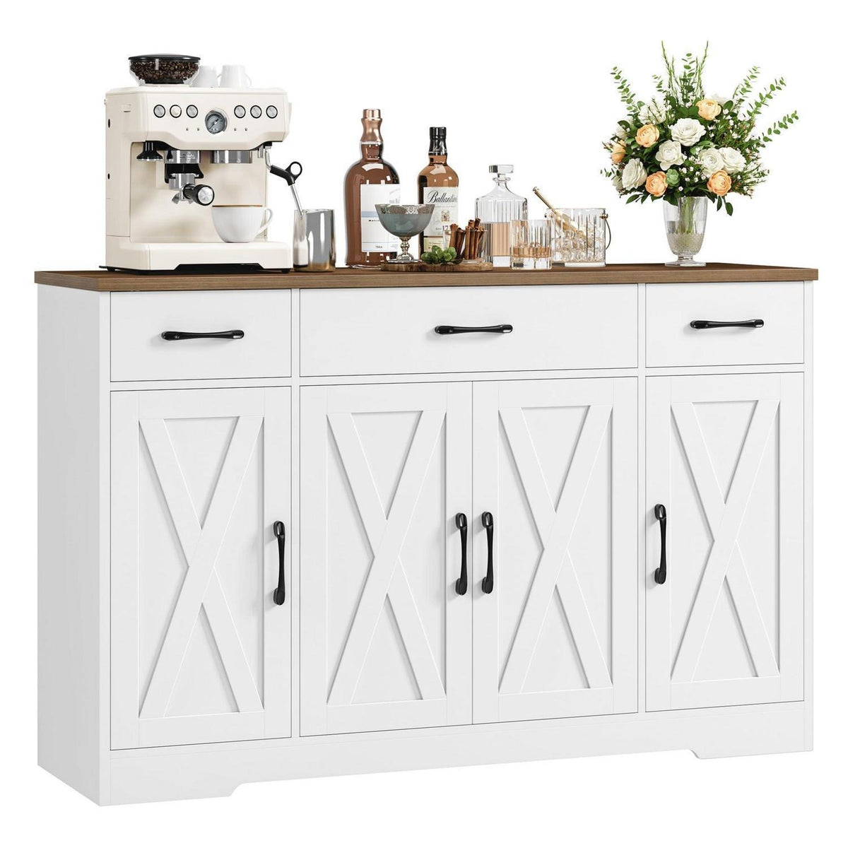 Sideboard 140cm mit Schubladen & Regalen – Weiß & Braun